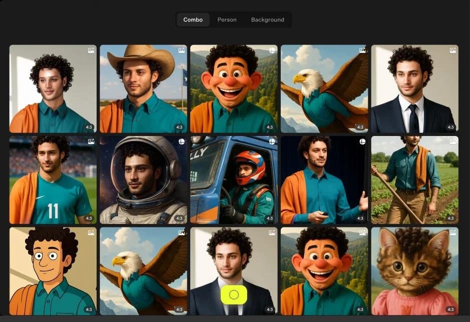 The same AI-generated character as an astronaut, a racer, a farmer, a cartoon and a cat