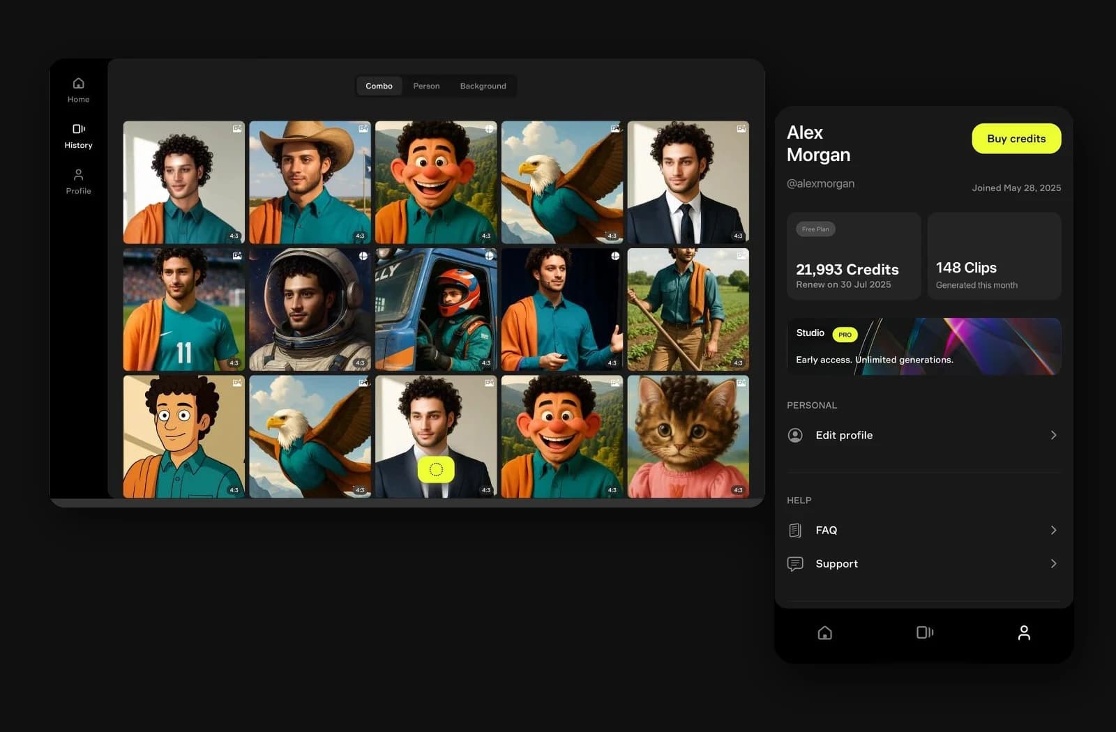 AI avatar platform: one AI-generated character across fifteen scenes, beside a credits panel