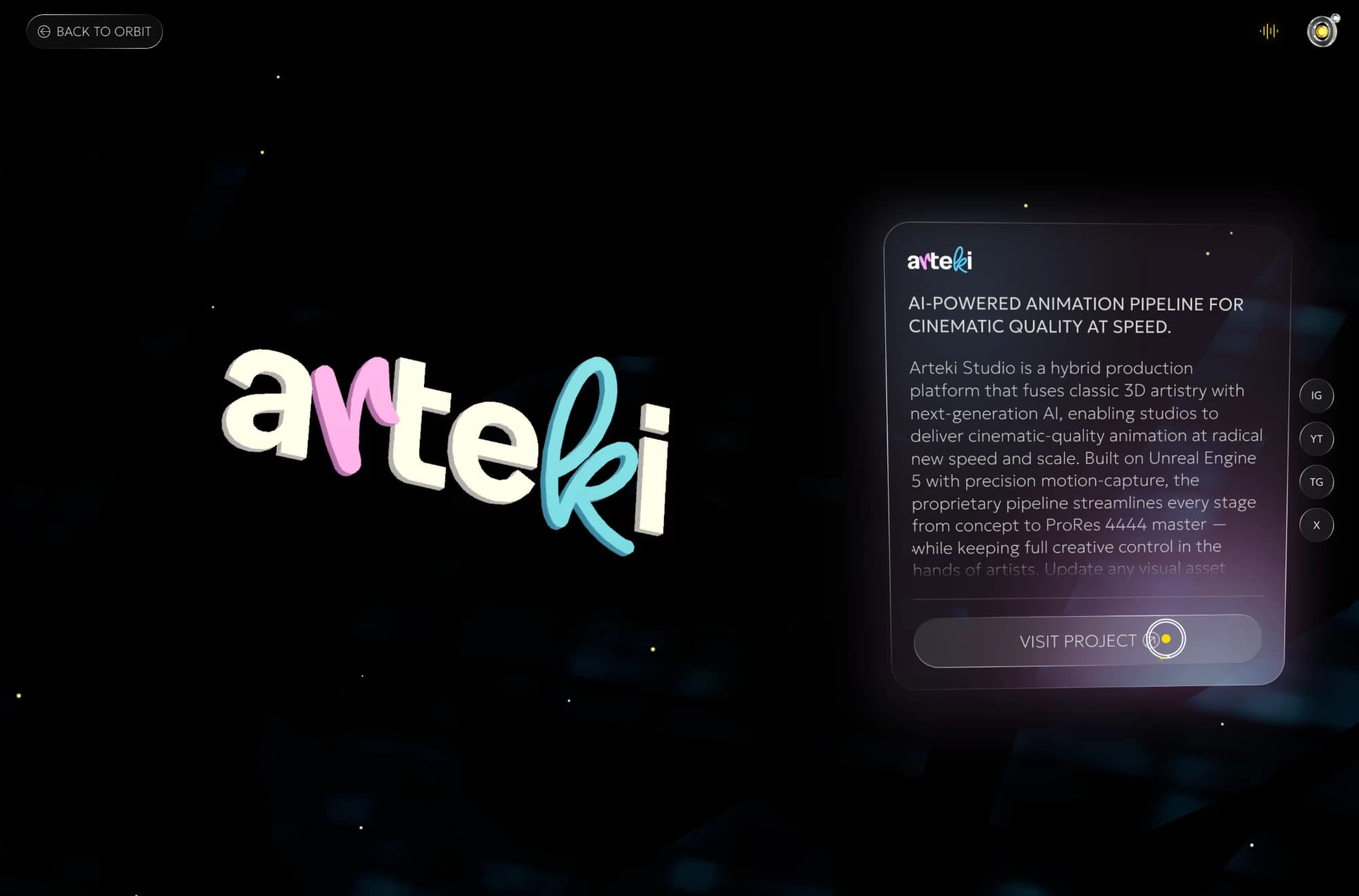 Arteki Studio venture card with a 3D logo and project description