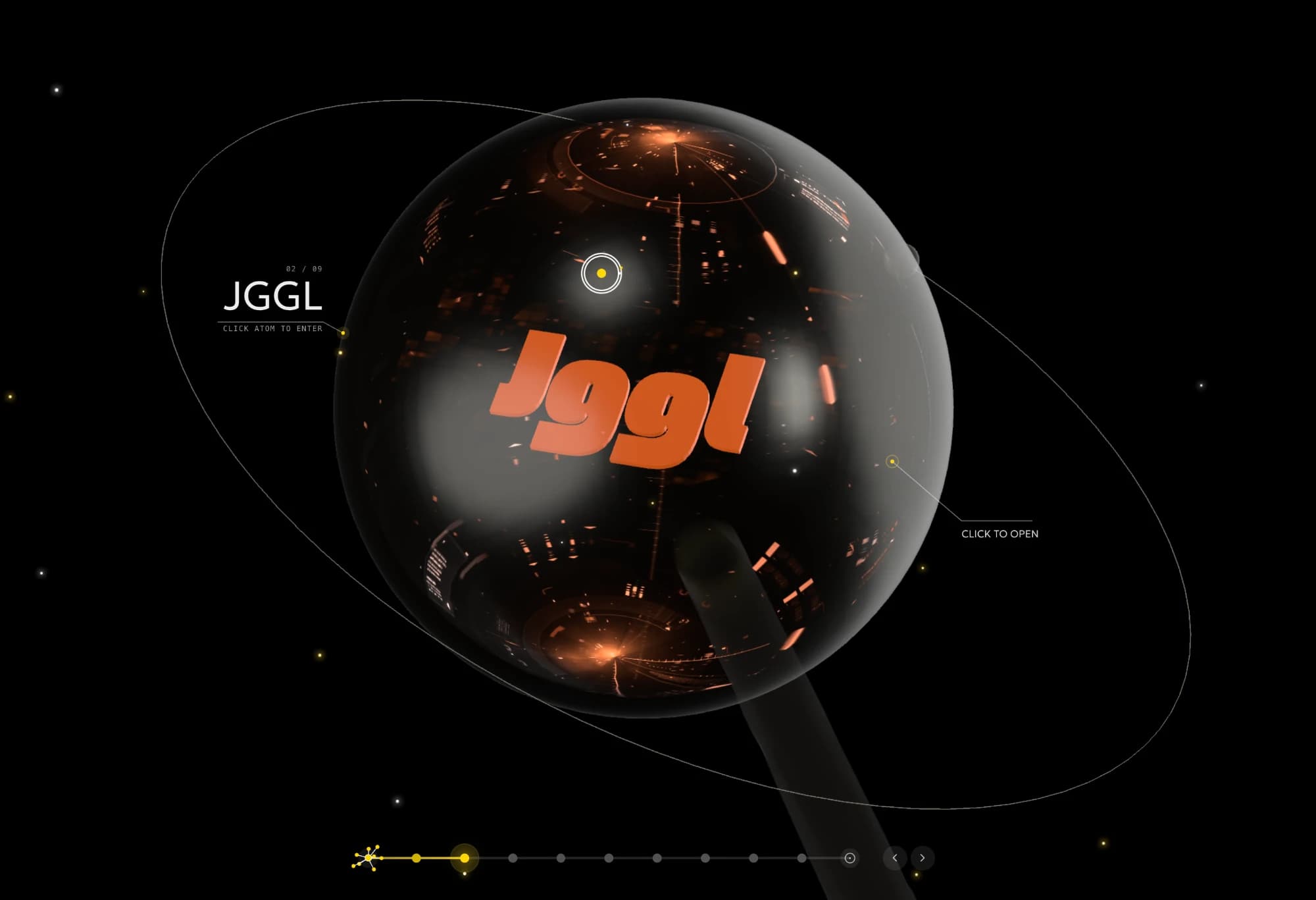 Camera close on the JGGL venture, its logo inside a dark glass sphere