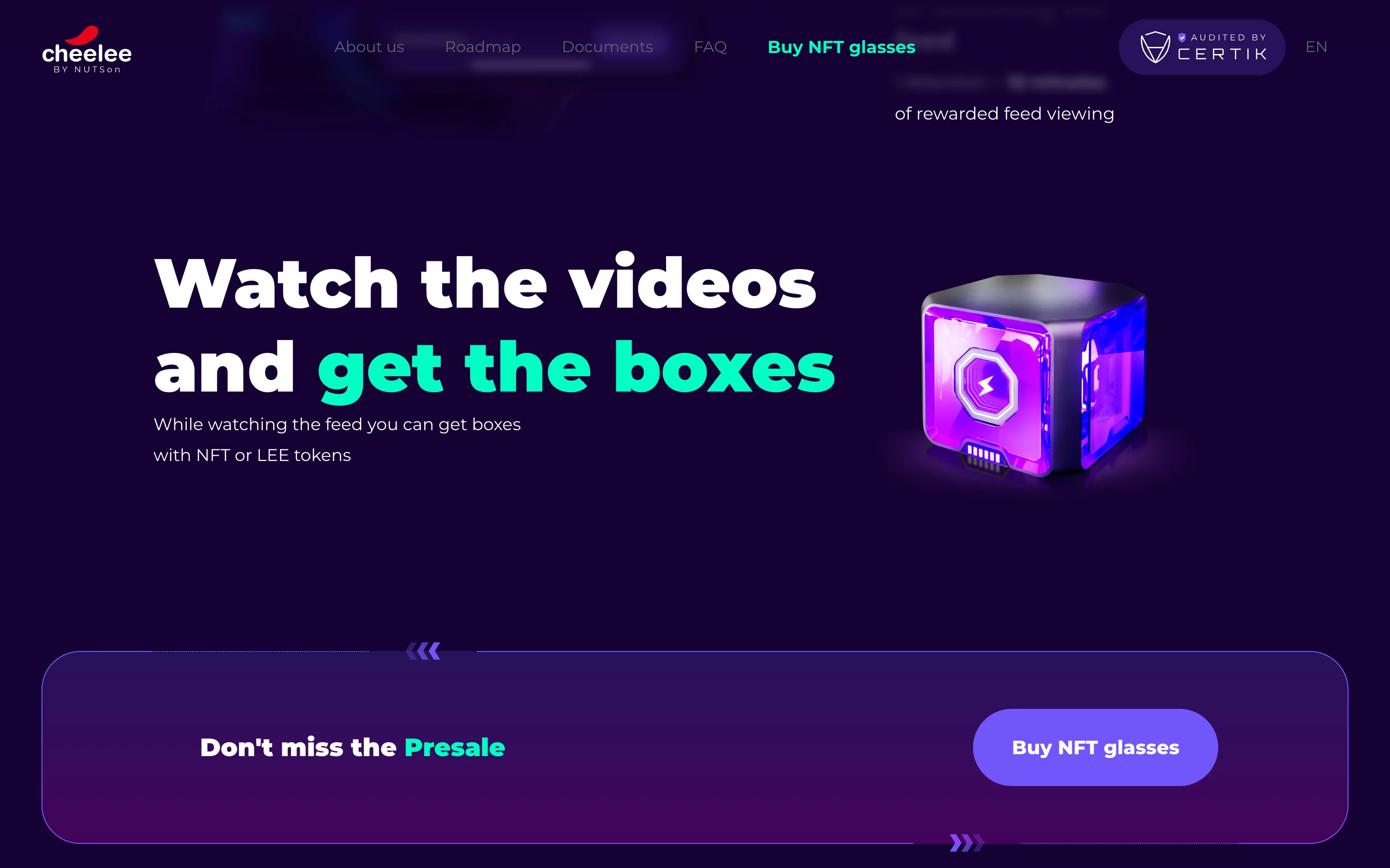 Reward boxes section and the NFT glasses presale banner