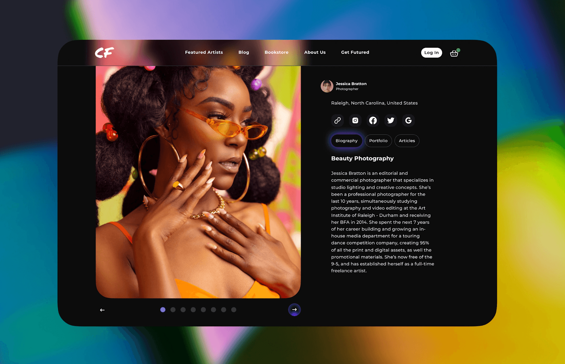 Creating Freely artist profile with portrait, biography and portfolio navigation