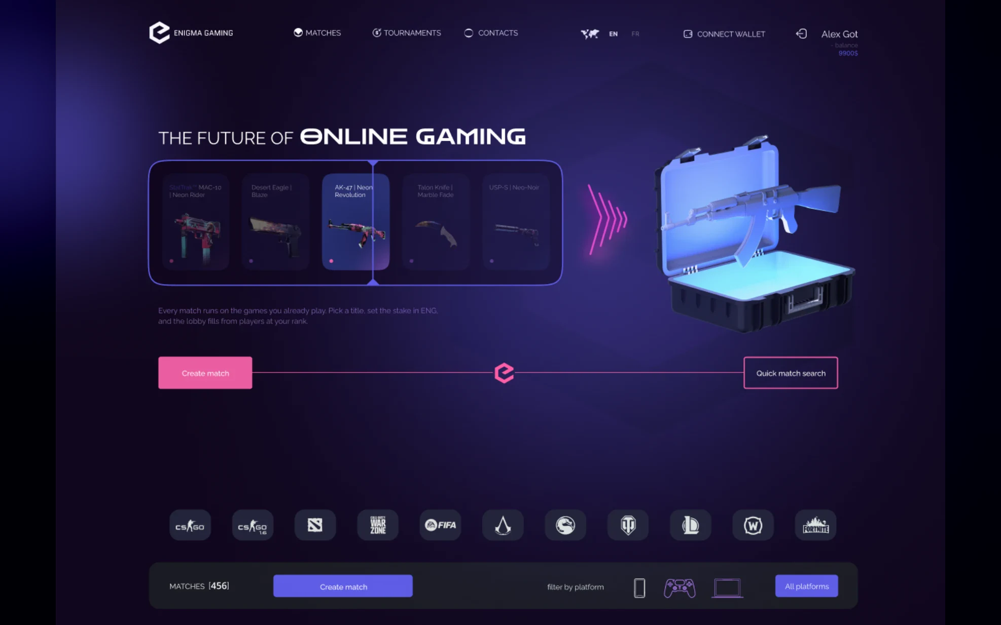 Games and skins the platform supports, with Create match and quick search