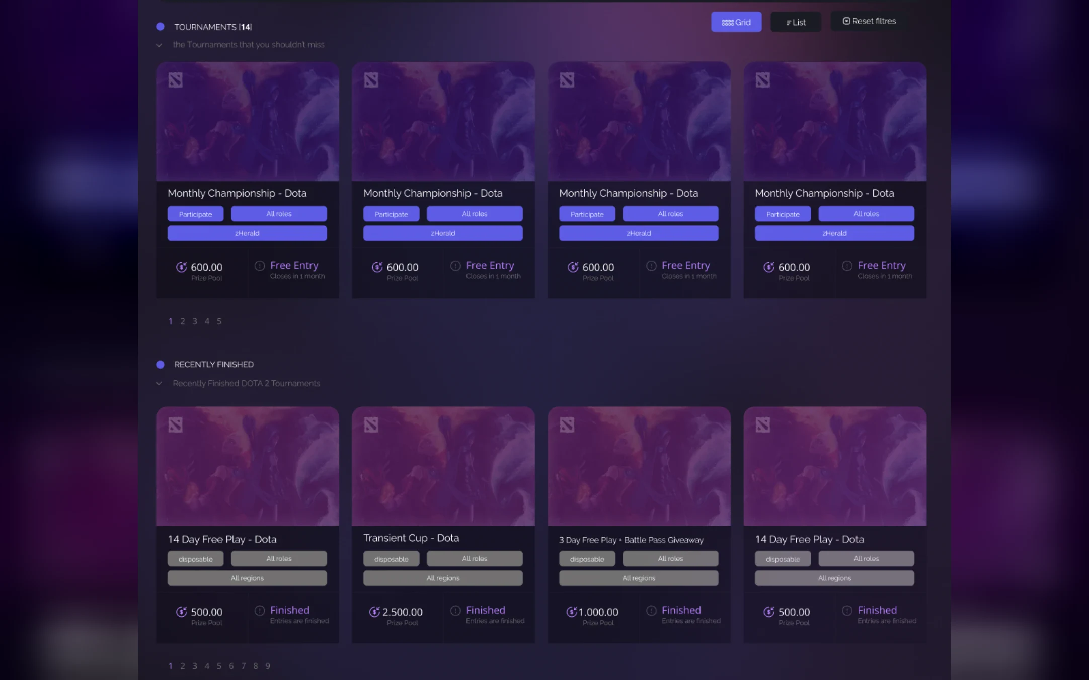 Tournament listings with prize pools, entry conditions and filters