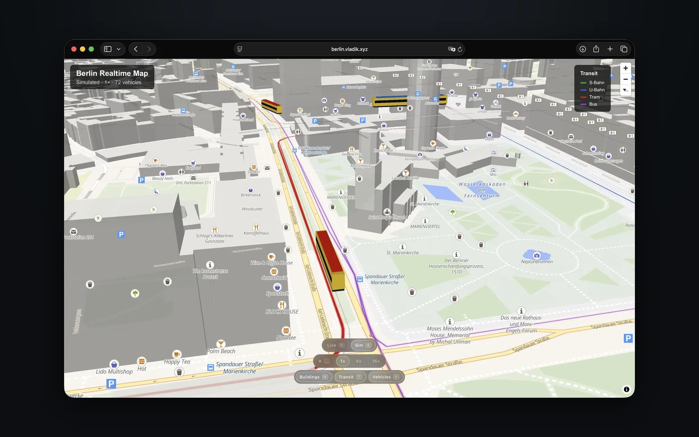 Berlin Realtime Map: 3D buildings around Alexanderplatz with trams and trains moving along their lines in live or simulated time