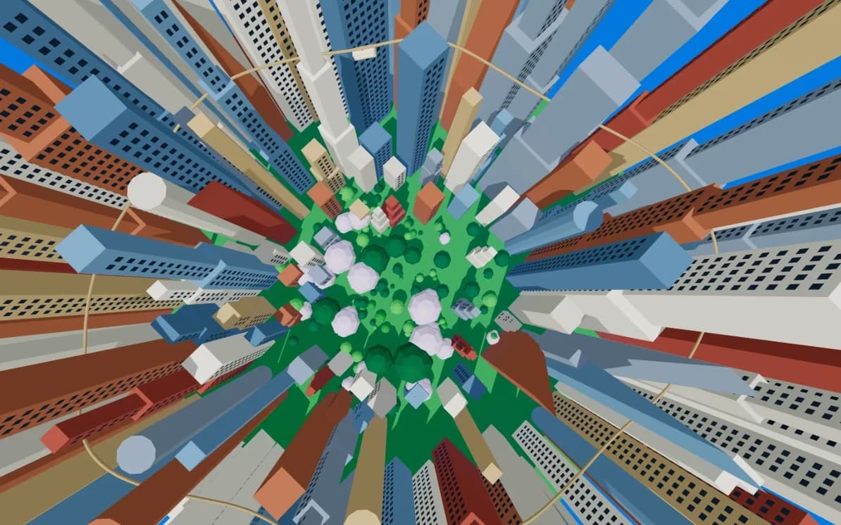 A procedural low-poly city seen from above, towers bending away from a green park at its centre