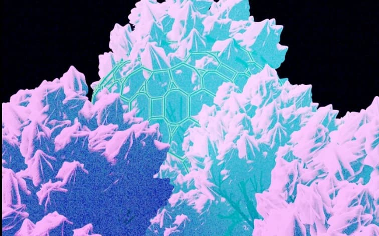 Pink and cyan crystalline growth wrapped around a glowing honeycomb lattice