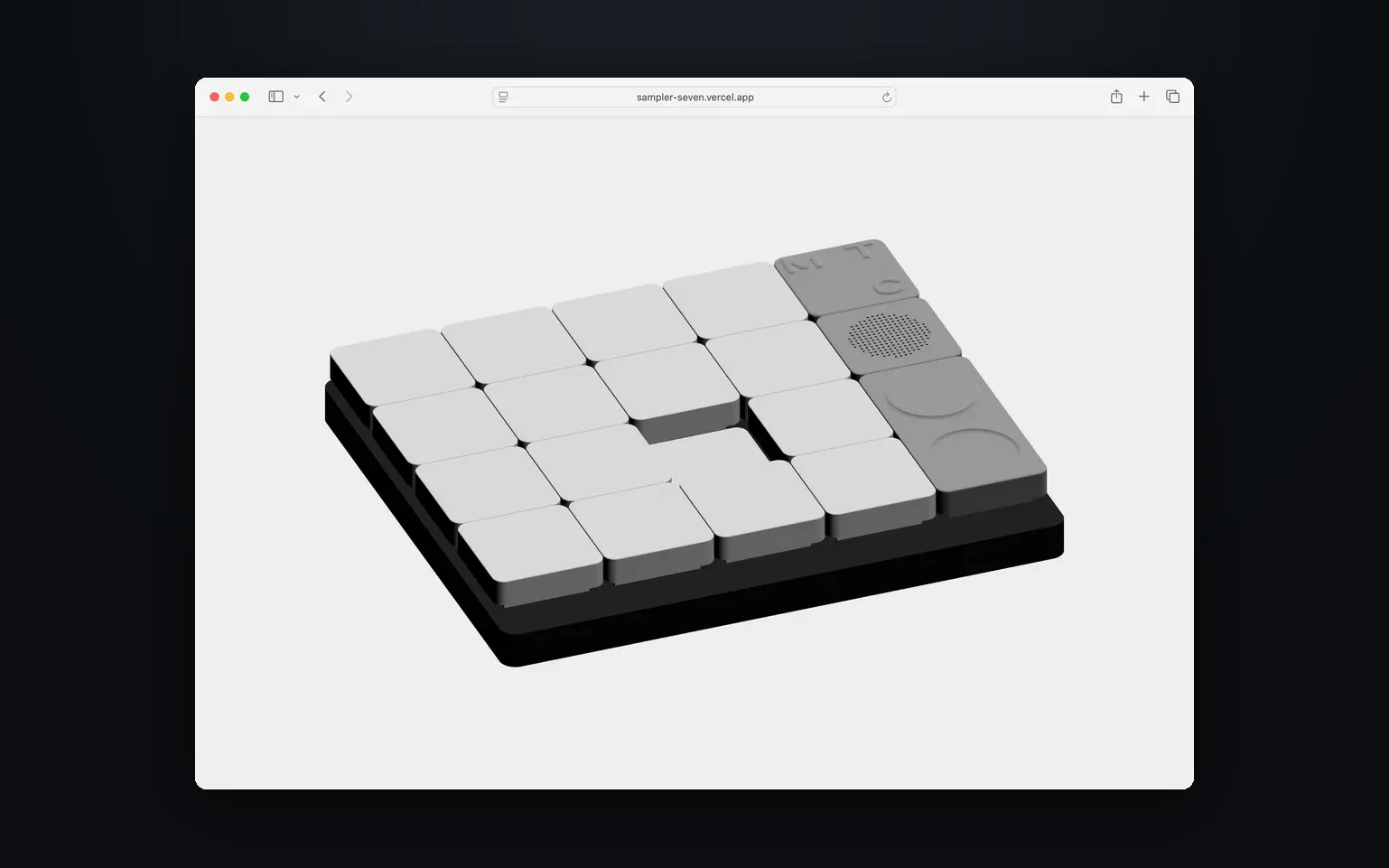 A 3D sampler pad rendered in the browser: sixteen soft grey keys, one pressed, beside a speaker grille and two dials