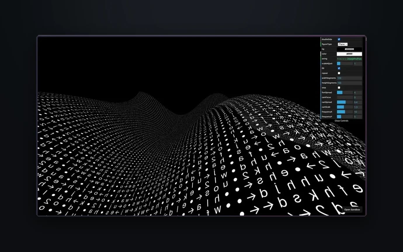 Letters and arrows mapped onto a rippling 3D surface, with a control panel for frequency, spread and camera