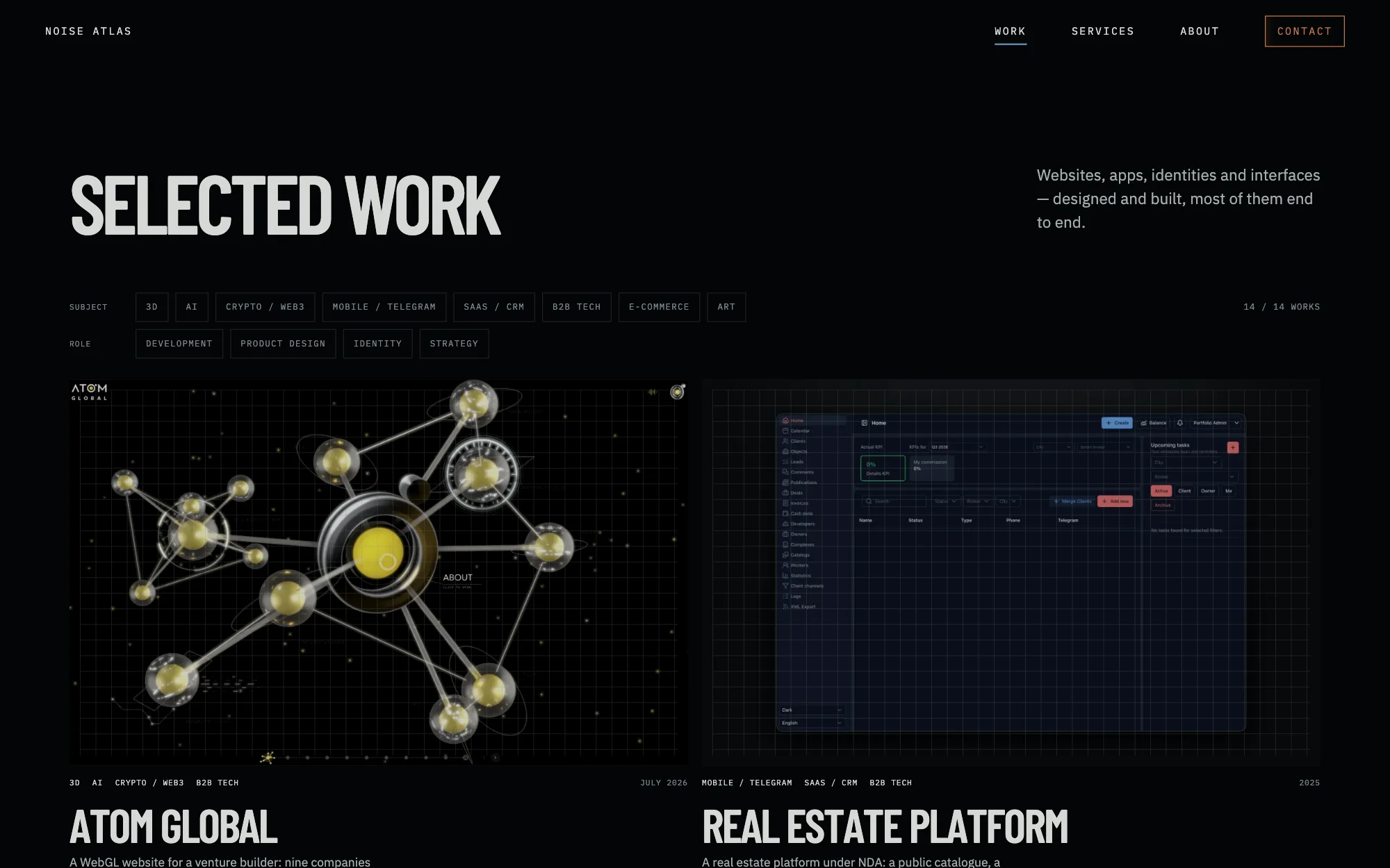 The work archive with its Subject and Role filters above the project cards