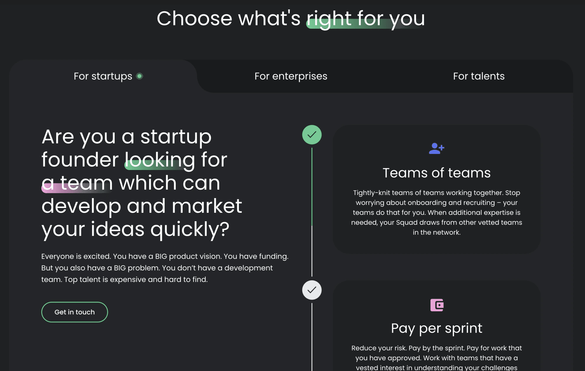 Squads page with separate tracks for startups, enterprises and talents