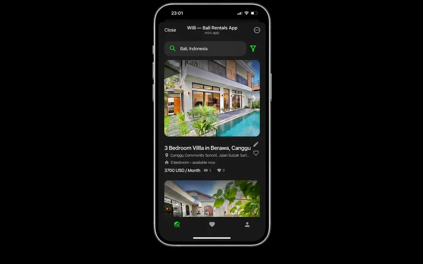Willi in dark mode: a three-bedroom villa in Canggu listed at 3,700 USD a month