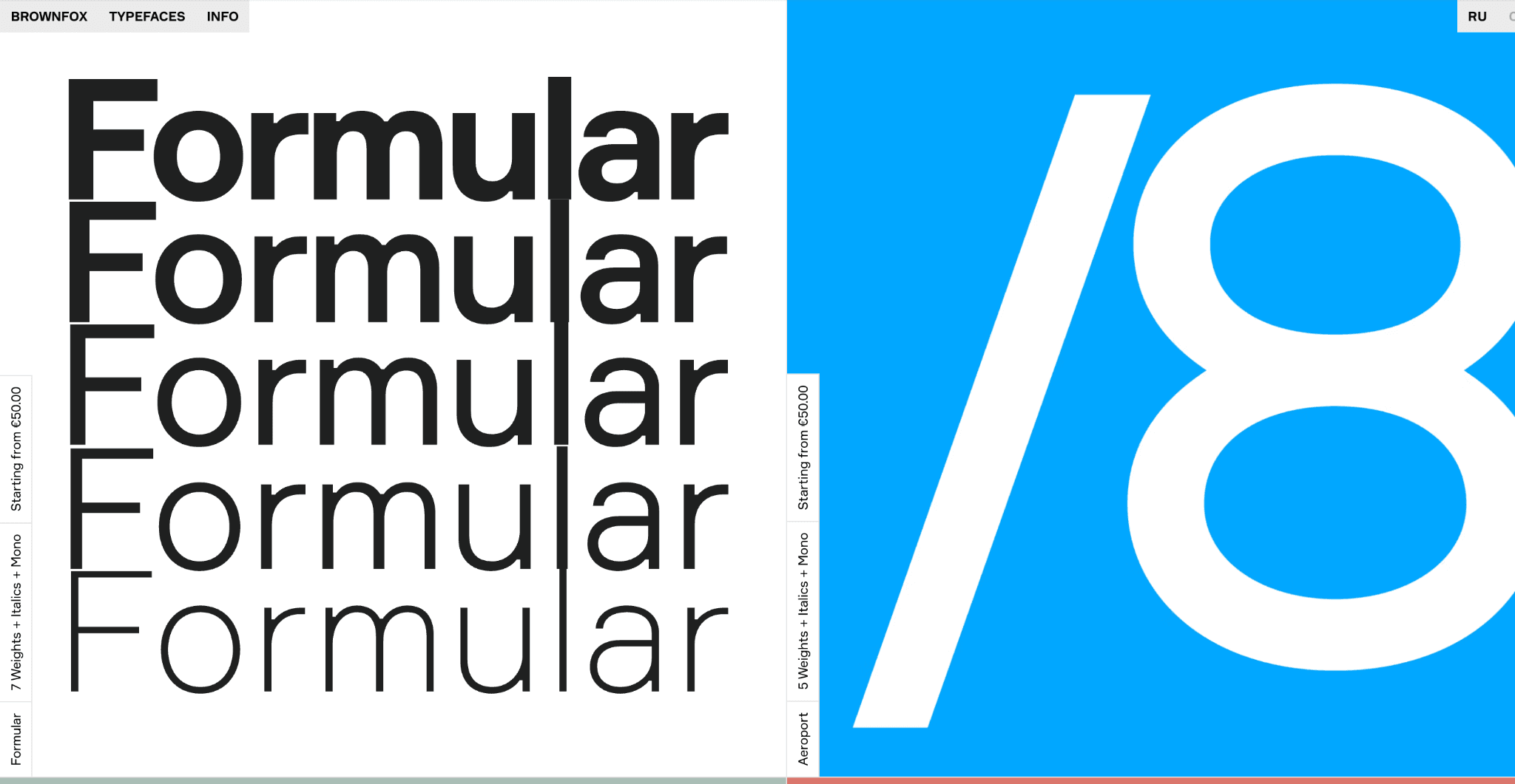 Brownfox type specimen showing the Formular family in black and blue