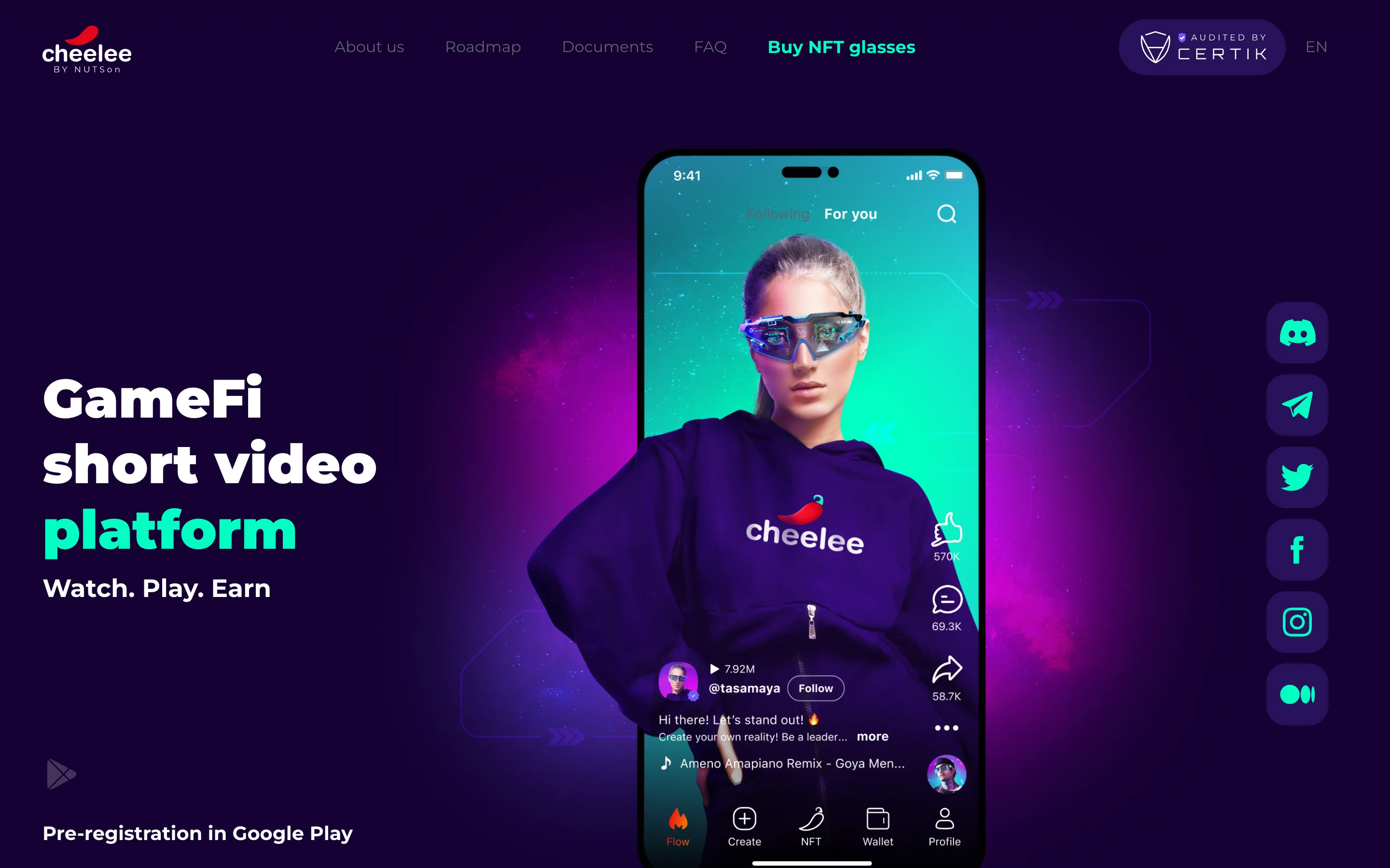 Cheelee's 2022 homepage with a phone playing the short-video feed
