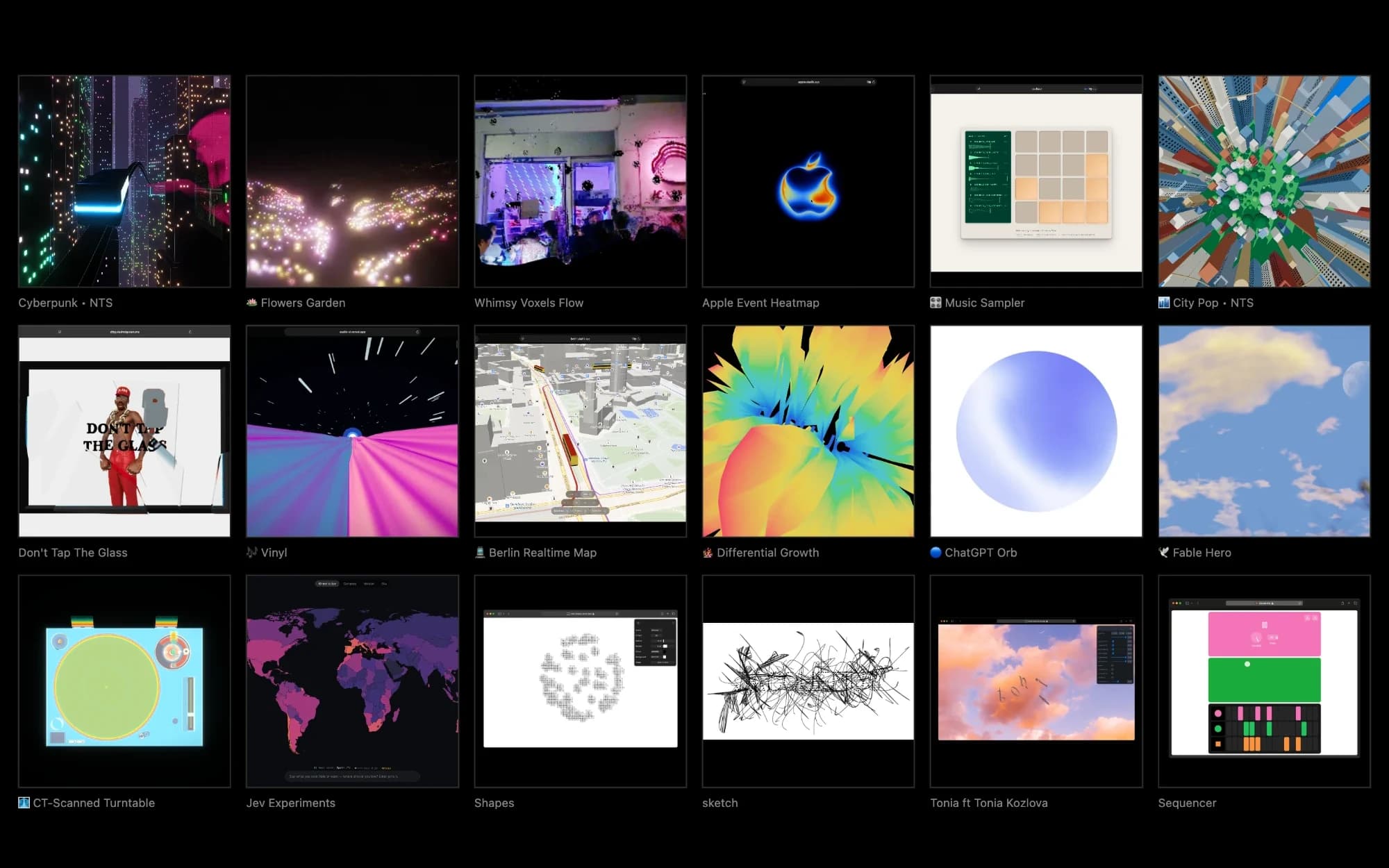 Interactive Lab index: eighteen experiments in a grid, from Cyberpunk and Flowers Garden to Berlin Realtime Map, ChatGPT Orb, a CT-scanned turntable and a sequencer