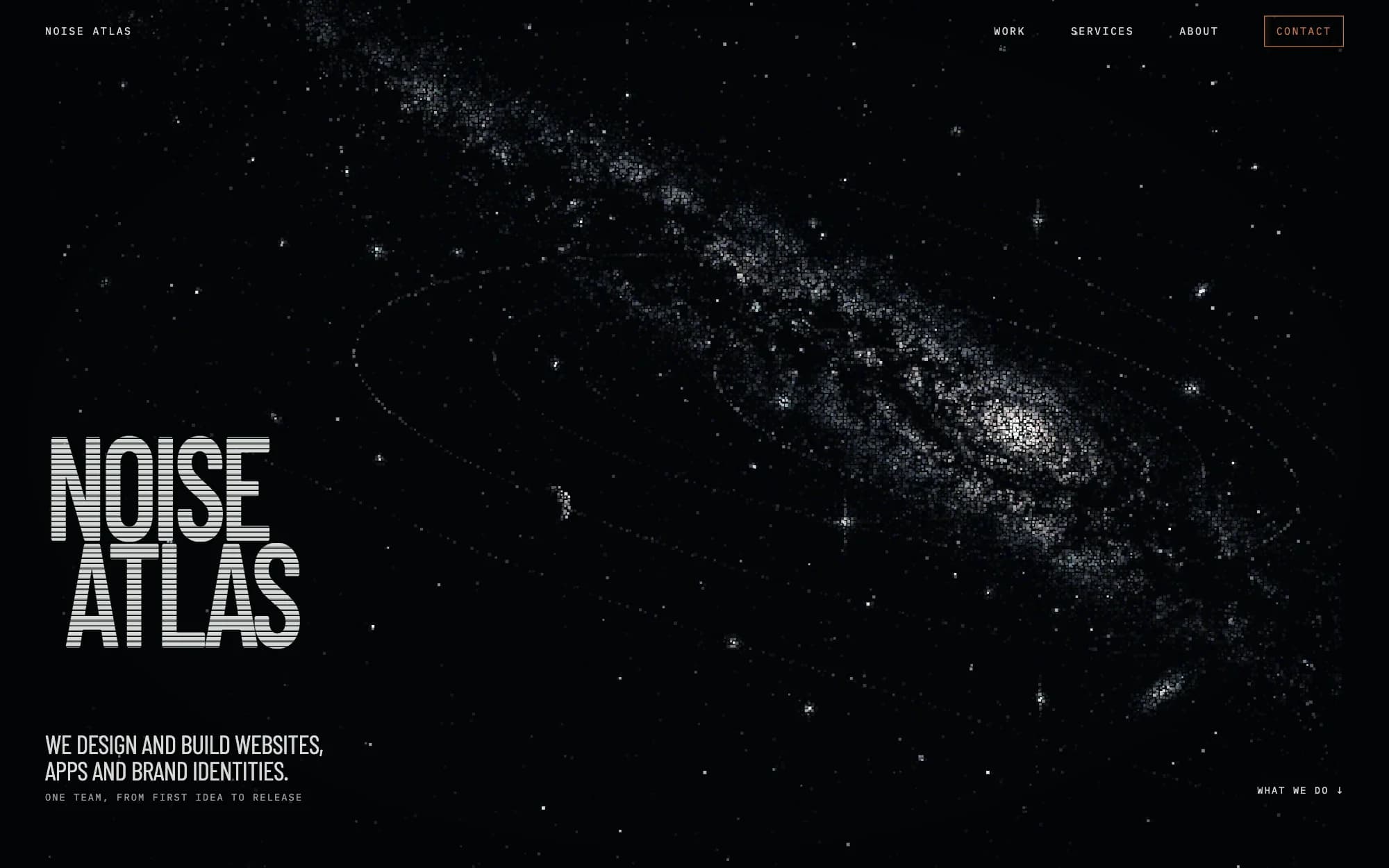 NOISE ATLAS home page: an image rendered as a field of grey points, with the striped wordmark and the offer to design and build websites, apps and brand identities