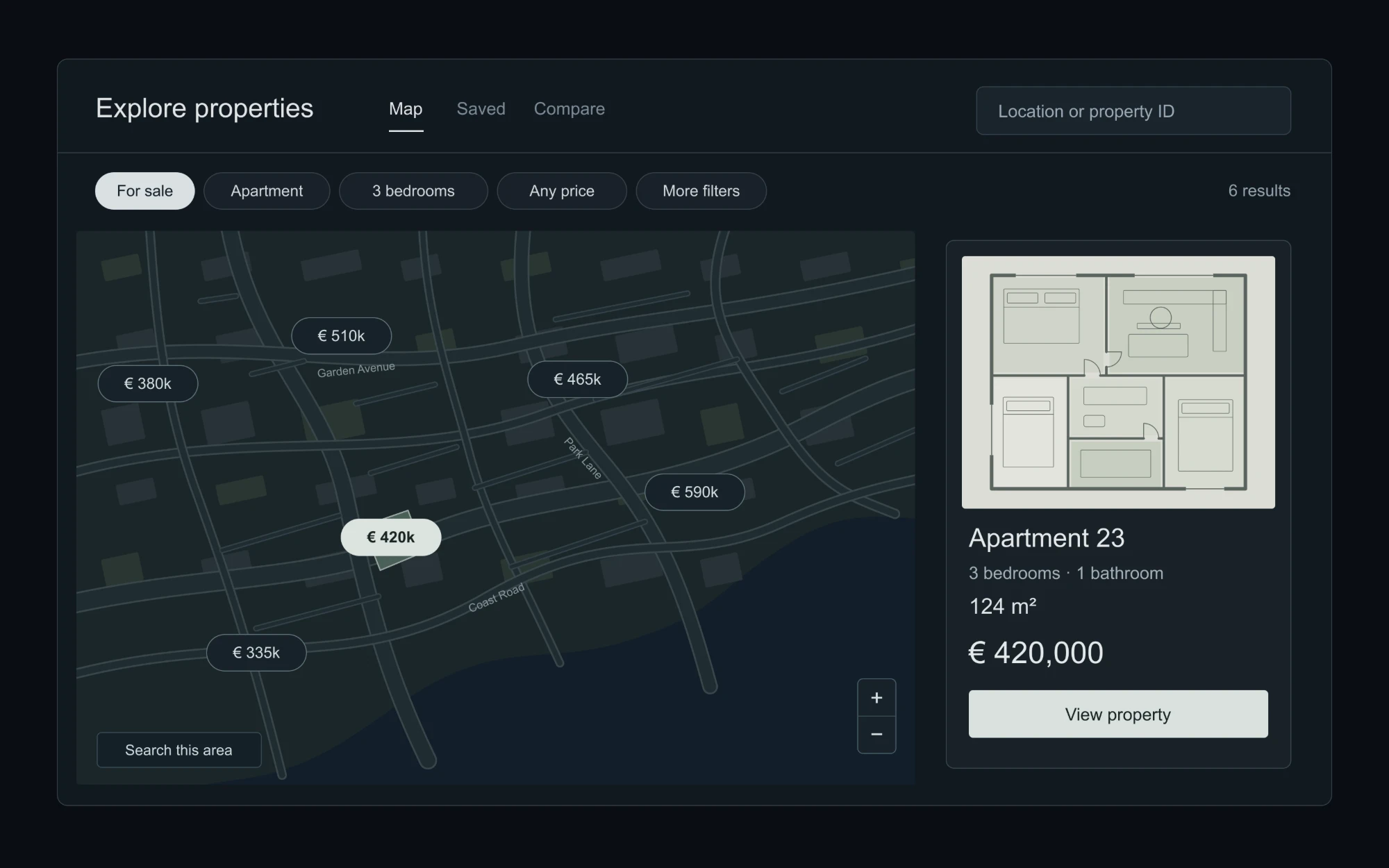 Illustration of the property catalogue: a map with price pins, filters for deal type, property type, bedrooms and price, and the selected apartment's floor plan, size and price