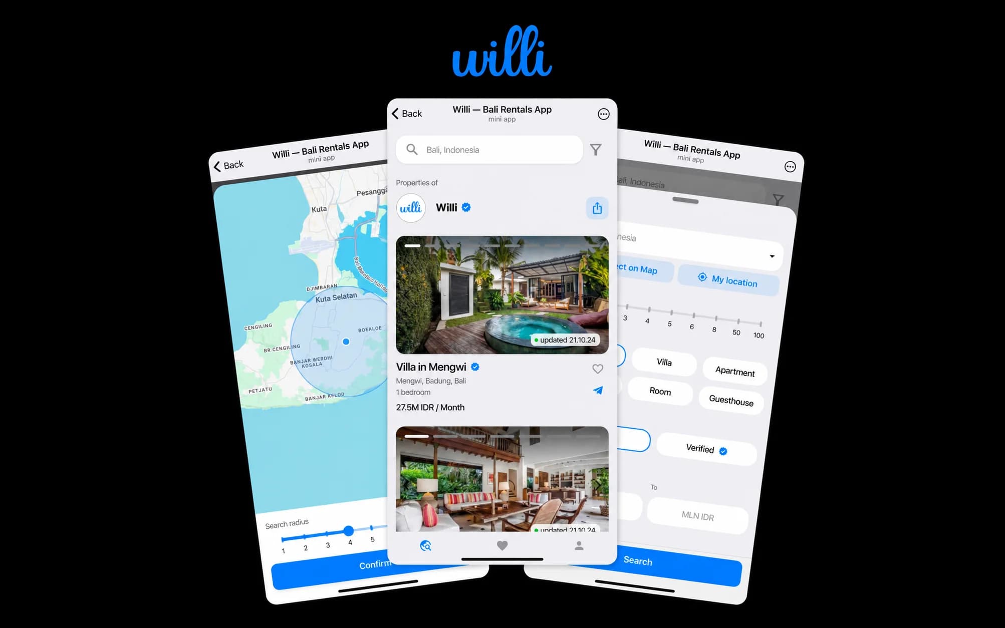 Three Willi screens: map search in Bali, a villa listing and rental filters