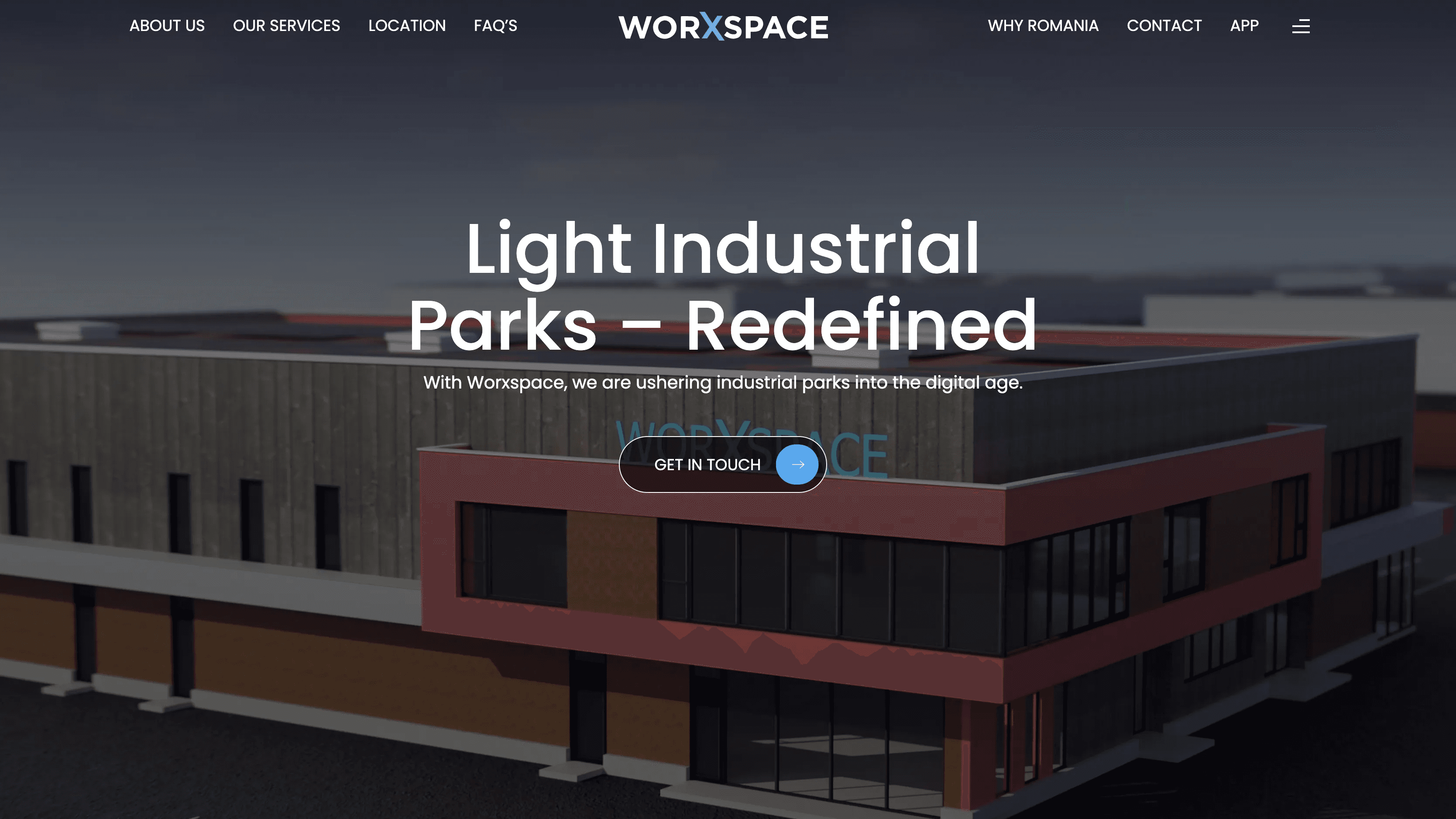 Worxspace homepage over a 3D rendering of an industrial park